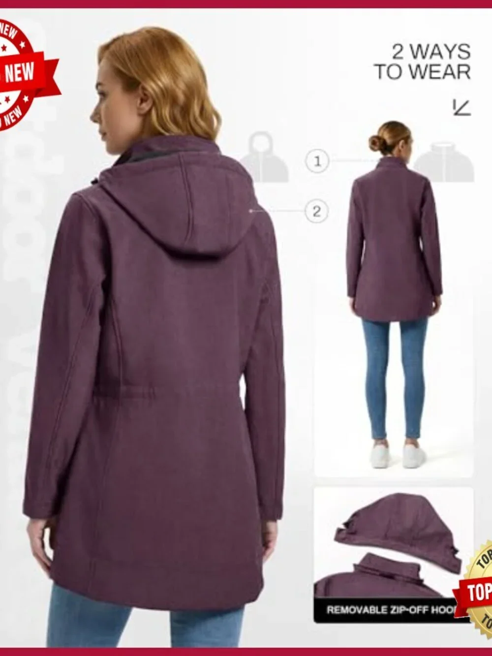 Women's Fleece Lined Softshell Jacket with Removable Hood Windproof Raincoat